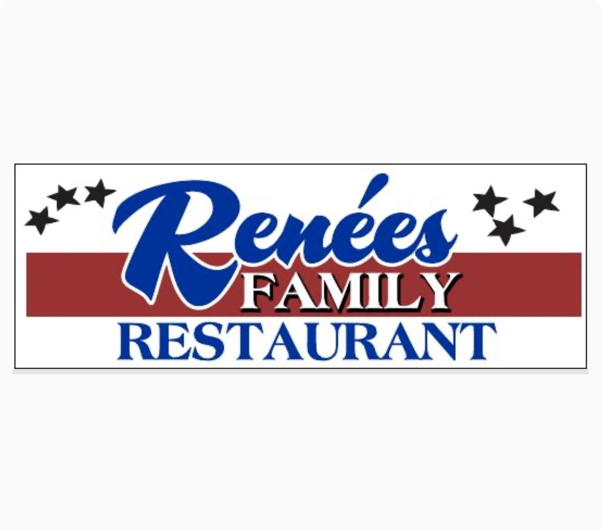 Renee's Family Restaurant written in blue text with a red line behind it