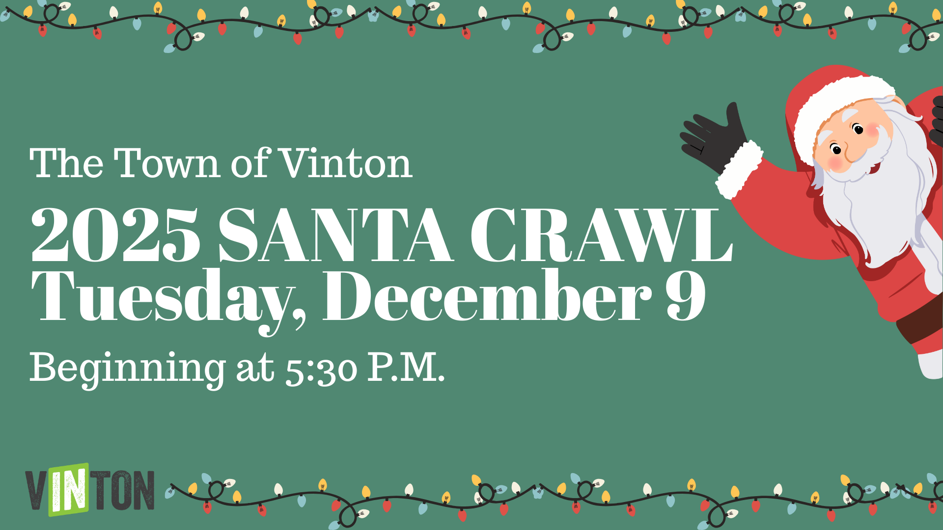 Santa Crawl 2025 December 9th with a santa on the right on a green background